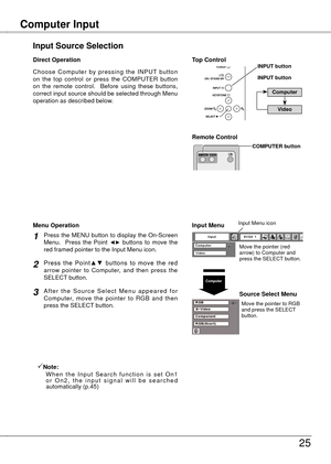 Page 25
Computer Input Basic Operation
5
Choose  Computer  by  pressing  the  INPUT  button on  the  top  control  or  press  the  COMPUTER  button on  the  remote  control.    Before  using  these  buttons, correct input source should be selected through Menu operation as described below.
Input Source Selection
Direct Operation
INPUT button
Remote Control
Top ControlINPUT button
COMPUTER button
Computer  
Video
Input Menu
Move the pointer (red arrow) to Computer and press the SELECT button.
Input Menu...