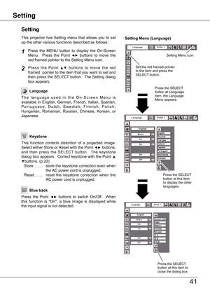 Page 41
Setting
41
Video Input
Blue back
Press  the  Point ◄►  buttons  to  switch  On/Off.    When this  function  is  "On",  a  blue  image  is  displayed  while the input signal is not detected. 
Keystone
Press  the  MENU  button  to  display  the  On-Screen Menu.    Press  the  Point ◄►  buttons  to  move  the red framed pointer to the Setting Menu icon.
Language
T h e   l a n g u a g e   u s e d   i n   t h e   O n - S c r e e n   M e n u   i s available  in  English,  German,  French,  Italian,...