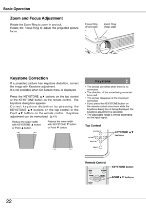 Page 22Basic Operation

Rotate the Zoom Ring to zoom in and out.
Rotate  the  Focus Ring  to  adjust  the  projected  picture 
focus.
Zoom and Focus Adjustment
Focus Ring
(Front side)Zoom Ring 
(Rear side)
POINT▲▼  buttons
KEySTONE button
KEySTONE ▲▼
buttons
•   The arrows are white when there is no 
correction.
•
    The direction of the arrow being corrected 
turns red.
•

    The arrows disappear at the maximum 
correction.
•

    If you press the KEYSTONE button on 
the remote control once more...