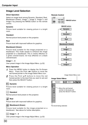 Page 3030
Computer Input
Select an image level among Dynamic, Standard, Real, 
Blackboard  (Green),  Image  1,  Image ,  Image  3,  and 
Image  4  by  pressing  the  IMAGE  button  on  the  remote 
control.
Normal picture level preset on this projector.
Picture level with improved halftone for graphics. Standard
Real
Image 1 ~ 4
Image Level Selection 
Direct Operation
Blackboard (Green)
Picture  level  suitable  for  the  image  projected  on  a 
blackboard.  This  mode  assists  to  enhance  the  image...