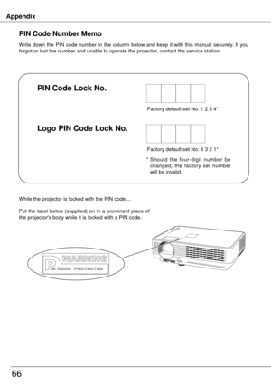 Page 6666
Write  down  the  PIN  code  number  in  the  column  below  and  keep  it  with  this  manual  securely.  If  you 
forgot or lost the number and unable to operate the projector, contact the service station. 
PIN Code Number Memo
Factory default set No: 1  3 4*
*  Should  the  four-digit  number  be 
changed,  the  factory  set  number 
will be invalid.
PIN Code Lock No .
Logo PIN Code Lock No .
Factory default set No: 4 3  1*
While the projector is locked with the PIN code....
Put the label...