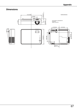 Page 6767
Dimensions
Appendix
3.74(95)
13.0 (330)2.18(55.3)
9.33(237)
3.62(92)
3.94(100)
5.83(148)
4.72(120)
2.95(75) 5.31(135)
Screw Holes for Ceiling Mount
Screw: M4
Depth: 0.394(10.0)
Unit:inch(mm)
10°MAX
3.15(80)
Appendix 