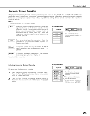 Page 2525
Computer Input
Computer Input
The Auto PC Adjustment
function operates to adjust the
projector. 
PC System Menu
The PC System Menu icon 
displays the system being
selected.
The systems on this dialog
box can be selected.Press the MENU button to display the On-Screen Menu.
Press the Point 
7 8buttons to move the red frame pointer
to the PC System Menu icon.
Press the Point d d 
 button to move the red arrow pointer to
the system that you want to set, and then press the 
SELECT
button.  
1
2
PC System...