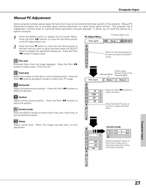 Page 2727
Computer Input
Computer Input
Some computers employ special signal formats which may not be tuned by Multi-scan system of this projector.  Manual PC
Adjustment enables you to precisely adjust several parameters to match those signal formats.  The projector has 5
independent memory areas to memorize those parameters manually adjusted.  It allows you to recall the setting for a
specific computer. 
Press the MENU button to display the On-Screen Menu.
Press the Point 
7 8buttons to move the red frame...