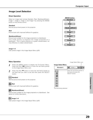 Page 2929
Computer Input
Computer Input
Press the MENU button to display the On-Screen Menu.
Press the Point 
7 8buttons to move the red frame pointer
to the Image Select Menu icon.1
2Press the Point d dbutton to move the red frame pointer to
the level that you want to set and then press the SELECT
button.Move the red frame pointer to
the level and press the
SELECT button.
The level being selected.
Image Select Menu
Normal picture level preset on this projector.Standard
Picture level with improved halftone for...