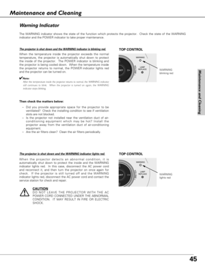 Page 4545
The WARNING indicator shows the state of the function which protects the projector.  Check the state of the WARNING
indicator and the POWER indicator to take proper maintenance. 
WARNING
LAMP
REPLACE
LECT
VOLUME+
WARNING
blinking red
TOP CONTROL
Wa rn ing Indicator
The projector is shut down and the WARNING indicator is blinking red.
When the temperature inside the projector exceeds the normal
temperature, the projector is automatically shut down to protect
the inside of the projector.  The POWER...