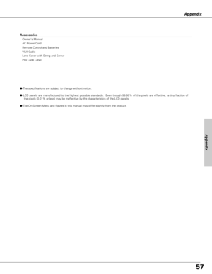 Page 5757
Appendix
Appendix
Accessories
Owners Manual
AC Power Cord
Remote Control and Batteries
VGA Cable
Lens Cover with String and Screw
PIN Code Label
●The specifications are subject to change without notice.
●LCD panels are manufactured to the highest possible standards.  Even though 99.99% of the pixels are effective,  a tiny fraction of
the pixels (0.01% or less) may be ineffective by the characteristics of the LCD panels.
●The On-Screen Menu and figures in this manual may differ slightly from the...