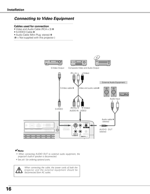 Page 1616
S-VIDEO IN  
MONITOR  OUTCOMPUTER IN 2 / 
COMPUTER / COMPONENTAUDIO  IN
R
VIDEO INL(MONO)
(VARIABLE)
AUDIO  OUTCOMPUTER  IN  1/ COMPONENT INUSBSERVICE PORT RESET
Installation
Connecting to Video Equipment
Cables used for connection  
• Video and Audio Cable (RCA x 3) ✽
• S-VIDEO Cable ✽
• Audio Cable (Mini Plug: stereo) ✽
(✽ = Not supplied with this projector.)
✔Note:
• When connecting AUDIO OUT to external audio equipment, the
projectors built-in speaker is disconnected.
• See p61 for ordering...