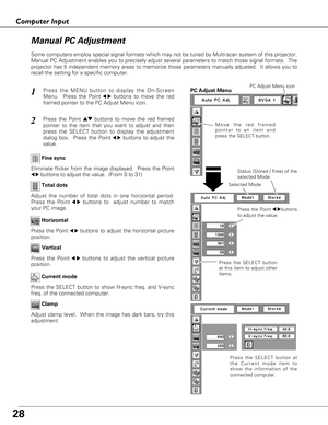 Page 2828
Computer Input
Press the MENU button to display the On-Screen
Menu.  Press the Point
7 8buttons to move the red
framed pointer to the PC Adjust Menu icon.1
2Press the Point edbuttons to move the red framed
pointer to the item that you want to adjust and then
press the SELECT button to display the adjustment
dialog box.  Press the Point
7 8buttons to adjust the
value.
Move the red framed
pointer to an item and
press the SELECT button.
PC Adjust MenuPC Adjust Menu icon
Eliminate flicker from the image...