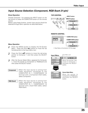 Page 3535
Video Input
Choose Computer 1 by pressing the INPUT button on the
top control or press the COMPUTER button on the remote
control.
Before using these buttons, correct input source should be
selected through Menu operation as described below.
Press the MENU button to display the On-Screen
Menu.  Press the Point
7 8buttons to move the red
framed pointer to the Input Menu icon.1
Computer
1
Input Menu
Press the Point edbuttons to move the red arrow
pointer to Computer 1 and then press the SELECT
button....