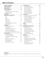 Page 33
Table of Contents
Trademarks
Each name of corporations or products in this book is either a registered trademark or a trademark of its respective
corporation.
Features and Design  . . . . . . . . . . . . . . . . . . .2
Table of Contents  . . . . . . . . . . . . . . . . . . . . . .3
To the Owner  . . . . . . . . . . . . . . . . . . . . . . . . .4
Safety Instructions  . . . . . . . . . . . . . . . . . . . .5
Air Circulation 6
Installing the Projector in Proper Position   6
Moving the Projector 6...