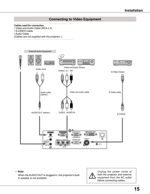 Page 1515
Installation
Connecting to Video Equipment
Cables used for connection  
•	Video	and	Audio	Cable	(RCA 	x	3)	
•	S-VIDEO	Cable	
•	Audio	Cable	
(Cables are not supplied with the projector. )
U n p l u g   t h e   p o w e r   c o r d s   o f 
both  the  projector  and  external 
equipment  from  the  AC  outlet 
before connecting cables.
 Note:
  When the AUDIO OUT is plugged-in, the projector's built-
in speaker is not available.
External Audio Equipment
Audio cable   (stereo)
VIDEOS-VIDEO
S-Video...