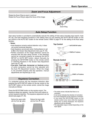 Page 2323
Rotate the Zoom Ring to zoom in and out.  
Rotate the Focus Ring to adjust the focus of the image.  
Zoom and Focus Adjustment
If  a  projected  picture  still  has  keystone  distortion  after 
pressing  the AUTO  SETUP  button  on  the  top  control  or  the 
AUTO  SET  button  on  the  remote  control,  correct  the  image 
manually as follows:
Press the KEYSTONE button on the remote control. The 
Keystone dialog box appears. Use the Point ▲▼ buttons to 
correct keystone distortion. The keystone...