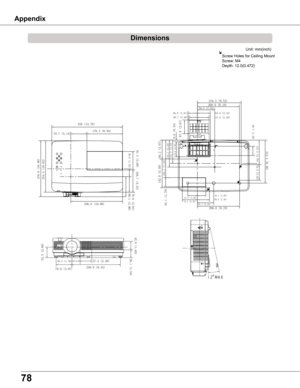 Page 7878
Dimensions
Unit: mm(inch)
Screw Holes for Ceiling MountScrew: M4Depth: 12.0(0.472)
67.9 (2.67)
212.4 (8.36)
216.5 (8.52)
350 (13.78)
176.3 (6.94)
79.7 (3.14)
254.4 (10.02)
256.0 (10.08)
91.4 (3.60) 109.7 (4.32)
76.6 (3.01)99.1 (3.90)38.8 (1.53)
208.0 (8.19)86.0 (3.38)
46.0 (1.81) 64.0 (2.52)
40.7 (1.60) 57.9 (2.28)
8.6 (0.34)
93.2 (3.67)
142.0 (5.59)
45.1 (1.78)
185.2 (7.29) 133.1 (5.24)115.3 (4.54)
73.6 (2.90)
209.0 (8.23)81.1 (3.19)
74.1 (2.92)
60.0 (2.36)42.1 (1.66)
47.0 (1.85)
76.9 (3.03)
121.5...