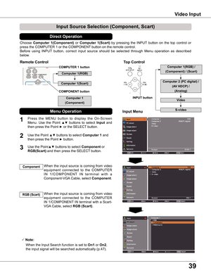 Page 3939
Choose Computer  1(Component) or Computer  1(Scart)  by  pressing  the  INPUT  button  on  the  top  control  or 
press the COMPUTER 1 or the COMPONENT button on the remote control.
Before  using  INPUT  button,  correct  input  source  should  be  selected  through  Menu  operation  as  described 
below.
1
Input Menu
2Use the Point ▲▼ buttons to select Computer 1 and 
then press the Point ► button.
Input Source Selection (Component, Scart)
When the input source is coming from video 
equipment...