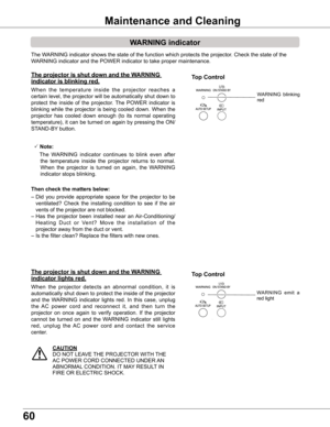 Page 6060
The WARNING indicator shows the state of the function which protects the proj\
ector. Check the state of the 
WARNING indicator and the POWER indicator to take proper maintenance. 
wARNING indicator
The projector is shut down and the w ARNING 
indicator is blinking red .
When  the  temperature  inside  the  projector  reaches  a 
certain level, the projector will be automatically shut down to 
protect  the  inside  of  the  projector.  The  POWER  indicator  is 
blinking  while  the  projector  is...