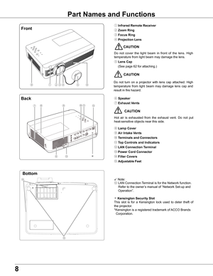 Page 88
Part Names and Functions
① Infrared Remote Receiver
② Zoom Ring
③ Focus Ring
④ Projection Lens
CAUTION
Do  not  cover  the  light  beam  in  front  of  the  lens.  High 
temperature from light beam may damage the lens.
⑤ Lens Cap
  (See page 62 for attaching.)
⑥ Speaker
⑦ Exhaust Vents
  CAUTION
Hot  air  is  exhausted  from  the  exhaust  vent.  Do  not  put 
heat-sensitive objects near this side.
⑧ Lamp Cover
⑨ Air Intake Vents
⑩ Terminals and Connectors
⑪ Top Controls and Indicators
⑫ LAN Connection...