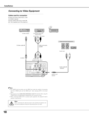 Page 1818
COMPUTER  IN  1DVI - I
MONITOR  OUT
S-VIDEO
COMPUTER IN 2 / COMPONENT IN / 
COMPUTER / COMPONENT
AUDIO  IN
AUDIO  IN
RVIDEOLUSB
SERVICE PORT 
RESET
(MONO)
(VARIABLE)
AUDIO  OUT
S-VIDEO
 
COMPUTER / COMPONENT
AUDIO  IN
AUDIO  IN
RVIDEOLUSB
SERVICE PORT 
(MONO)
AUDIO  OUT
(VARIABLE)
COMPUTER  IN  1DVI - I
MONITOR  OUTCOMPUTER IN 2 / COMPONENT IN / 
RESET
MCI
Installation
Connecting to Video Equipment
Cables used for connection
• Video and Audio Cable (RCA x 3) ✽
• S-VIDEO Cable ✽
• Audio Cables (Mini...