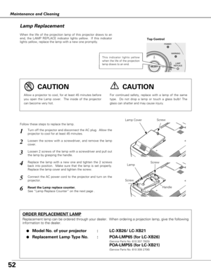 Page 5252
Maintenance and Cleaning
When the life of the projection lamp of this projector draws to an
end, the LAMP REPLACE indicator lights yellow.  If this indicator
lights yellow, replace the lamp with a new one promptly.
Follow these steps to replace the lamp.
Lamp Lamp Cover
ORDER REPLACEMENT LAMP
Replacement lamp can be ordered through your dealer.  When ordering a projection lamp, give the following
information to the dealer.
●
Model No. of your projector   : LC-XB26/ LC-XB21
●Replacement Lamp Type No. :...