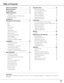 Page 33
Table of Contents
Features and Design  . . . . . . . . . . . . . . . . . . .2
Table of Contents  . . . . . . . . . . . . . . . . . . . . . .3
To the Owner  . . . . . . . . . . . . . . . . . . . . . . . . .4
Safety Instructions  . . . . . . . . . . . . . . . . . . . .5
Air Circulation 6
Installing the Projector in Proper Position 6
Moving the Projector 6
Compliance  . . . . . . . . . . . . . . . . . . . . . . . . . .7
Part Names and Functions  . . . . . . . . . . . . . .8
Front 8
Back 8
Bottom 8
Rear...