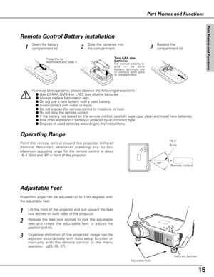 Page 1515
Projection angle can be adjusted up to 10.0 degrees with
the adjustable feet. 
Lift the front of the projector and pull upward the feet
lock latches on both sides of the projector.1
Adjustable Feet
Feet Lock Latches
Release the feet lock latches to lock the adjustable
feet and rotate the adjustable feet to adjust the
position and tilt. 2
Keystone distortion of the projected image can be
adjusted automatically with Auto setup function or
manually with the remote control or the menu
operation. (p25, 46,...