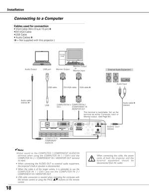 Page 1818
Installation
Connecting to a Computer
ON ON
S-VIDEO IN  COMPUTER / COMPONENTAUDIO  IN
R
VIDEO INL(MONO)
(VARIABLE)
AUDIO  OUTCOMPUTER  IN  1DVI-IUSBSERVICE PORT RESETMONITOR  OUTCOMPUTER IN 2 
/ COMPONENT IN
Cables used for connection 
• VGA Cable (Mini D-sub 15 pin) ✽
•DVI-VGA Cable 
•USB Cable 
• Audio Cables ✽
(✽= Not supplied with this projector.)
External Audio Equipment
DVI-VGA cable   USB cable 
Audio cable
(stereo) ✽
Audio cable ✽
(stereo) Monitor Output
or
Monitor Input USB port Audio Output...