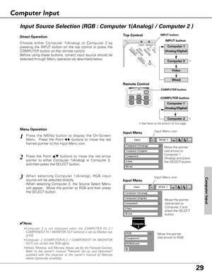 Page 2929
Choose either Computer 1(Analog) or Computer 2 by
pressing the INPUT button on the top control or press the
COMPUTER button on the remote control.
Before using these buttons, correct input source should be
selected through Menu operation as described below.
Press the MENU button to display the On-Screen
Menu.  Press the Point
7 8buttons to move the red
framed pointer to the Input Menu icon.1
Input Menu
Press the Point edbuttons to move the red arrow
pointer to either Computer 1(Analog) or Computer 2,...