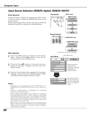 Page 3030
Computer Input
Choose Computer 1(Digital) by pressing the INPUT button
on the top control or press the COMPUTER button on the
remote control.
Before using these buttons, correct input source should be
selected through Menu operation as described below.
Press the MENU button to display the On-Screen
Menu.  Press the Point
7 8buttons to move the red
framed pointer to the Input Menu icon.1Input Menu
Press the Point edbuttons to move the red arrow
pointer to Computer 1(Digital), and then press the
SELECT...