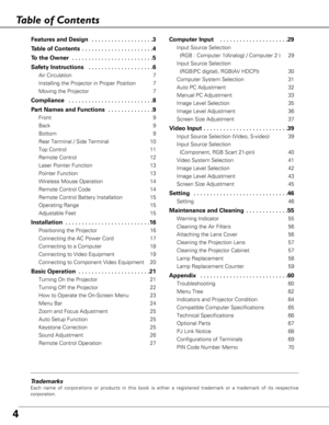 Page 44
Table of Contents
Trademarks
Each name of corporations or products in this book is either a registered trademark or a trademark of its respective
corporation.
Features and Design  . . . . . . . . . . . . . . . . . . .3
Table of Contents  . . . . . . . . . . . . . . . . . . . . . .4
To the Owner  . . . . . . . . . . . . . . . . . . . . . . . . .5
Safety Instructions  . . . . . . . . . . . . . . . . . . . .6
Air Circulation 7
Installing the Projector in Proper Position 7
Moving the Projector 7
Compliance...