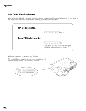 Page 7070
Appendix
Write down the PIN code number in the column below and keep it with this manual securely. If you forgot or
lost the number and unable to operate the projector, contact the service station. 
PIN Code Number Memo
Factory default set No:  1 2 3 4*
Factory default set No:  4 3 2 1*
*Should the four-digit number be changed,
the factory set number will be invalid.
Put the label below (supplied) on in a prominent place of the
projectors body while it is locked with a PIN code.
While the projector is...