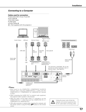 Page 1717
Installation
ON ON
S-VIDEO IN  COMPUTER / COMPONENTAUDIO  IN
R
VIDEO INL(MONO)
(VARIABLE)
AUDIO  OUTCOMPUTER  IN  1DVI-IUSBSERVICE PORT MONITOR  OUT
COMPUTER IN 2 
/ COMPONENT IN
Cables used for connection 
• VGA Cable (Mini D-sub 15 pin) ✽
• DVI Cable ✽
• DVI-VGA Cable 
• USB Cable 
• Audio Cables ✽
(✽= Not supplied with this projector.)
External Audio Equipment
DVI-VGA
cable   DVI
cable ✽ USB cable 
Audio cable
(stereo) ✽
Audio cable ✽
(stereo) Monitor Output
or
Monitor Input USB port Audio Output...