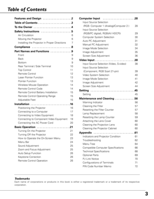 Page 33
Table of Contents
Trademarks
Each name of corporations or products in this book is either a registered trademark or a trademark of its respective
corporation.
Features and Design  . . . . . . . . . . . . . . . . . . .2
Table of Contents  . . . . . . . . . . . . . . . . . . . . . .3
To the Owner  . . . . . . . . . . . . . . . . . . . . . . . . .4
Safety Instructions  . . . . . . . . . . . . . . . . . . . .5
Air Circulation 6
Moving the Projector 6
Installing the Projector in Proper Directions 7...