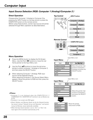 Page 28ON - OFF
POWERINPUTWARNINGMENU
SELECT
28
Choose either Computer 1 (Analog) or Computer 2 by
pressing the INPUT button on the top control or press the
COMPUTER button on the remote control.
Before using these buttons, correct input source should be
selected through Menu operation as described below.
Press the MENU button to display the On-Screen
Menu. Use the Point 
7 8buttons to move the red
frame pointer to the Input Menu icon.1Input Menu
Use the Point edbuttons to move the red arrow
pointer to either...