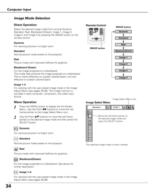 Page 3434
Computer Input
Move the red frame pointer to
the desired image mode and
press the SELECT button.
The selected image mode is check marked.
Image Select Menu
Normal picture mode preset on the projector.Standard
Picture mode with improved halftone for graphics.Real
For the image projected on a blackboard. See above for
further description.Blackboard(Green)
Image Select Menu icon
IMAGE button
Dynamic
Real
Image 1
Image 2
Image 3
Image Mode Selection 
Image 4
For viewing with the user preset image mode in...