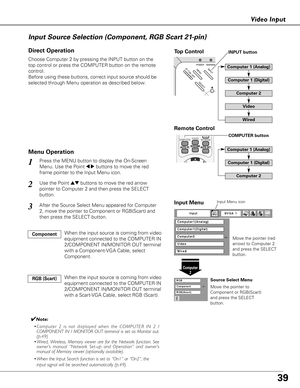 Page 3939
Video Input
Choose Computer 2 by pressing the INPUT button on the
top control or press the COMPUTER button on the remote
control.
Before using these buttons, correct input source should be
selected through Menu operation as described below.
1
Computer
2
Input Menu
Use the Point edbuttons to move the red arrow
pointer to Computer 2 and then press the SELECT
button.  2
After the Source Select Menu appeared for Computer
2, move the pointer to Component or RGB(Scart) and
then press the SELECT button.3...