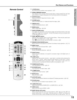 Page 1111
Part Names and Functions
Part Names and Functions
Remote Control
q
w
e
r
t
y
u
i
o
!0
!1
!4
!5
!6
!7
!9
@0
@1!2
!3
@2
@2RESET/ON/ALL-OFF switch
When using the remote control, set this switch to “ON.” Set it to “ALL OFF” for
power saving when it is not used.  Slide this switch to RESET to initialize the
remote control code or switch Spotlight and Pointer back to Laser pointer.  (p12, 14)
wSIGNAL EMISSION indicator
This indicator emits red light while the laser beam is being emitted from the laser
light...