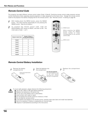 Page 1414
Part Names and Functions
To insure safe operation, please observe the following precautions :
●Use (2) AA, UM3 or LR6 type alkaline batteries.
●Replace two batteries at the same time.
●Do not use a new battery with a used battery.
●Avoid contact with water or liquid.
●Do not expose the remote control to moisture, or heat.
●Do not drop the remote control.
●If the battery has leaked on the remote control, carefully wipe case clean and install new batteries.
●Risk of an explosion if battery is replaced...