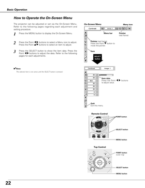 Page 2222
Basic Operation
ON - OFFPOWER
AUTO SET UP   INPUT
WARNING
LAMP
REPLACESELECT
MENUVOLUME–VOLUME+
Top Control
Menu bar Pointer
(red frame)Menu icon
Item data
Press the Point 
7 8buttons
to adjust value.
SELECT
button
Pointer (red frame)
Press the Point dbutton to
move the pointer.
Item
How to Operate the On-Screen Menu
MENU button SELECT button POINT button
(outer ring)
On-Screen Menu
Quit 
Exit this menu.
The projector can be adjusted or set via the On-Screen Menu.
Refer to the following pages...