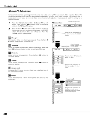 Page 3030
Computer Input
Press the MENU button and the On-Screen Menu will
appear.  Press the Point 
7 8buttons to move the red frame
pointer to the PC Adjust Menu icon.1
2Press the Point d dbutton to move the red frame pointer to
the item that you want to adjust and then press the SELECT
button.  An adjustment dialog box will appear.  Press the
Point 
7 8buttons to adjust value.Move the red frame pointer to
an item and press the SELECT
button.
PC Adjust MenuPC Adjust Menu icon
Eliminate the flicker from the...