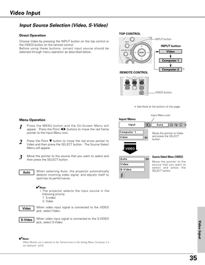 Page 3535
Choose Video by pressing the INPUT button on the top control or
the VIDEO button on the remote control.
Before using these buttons, correct input source should be
selected through menu operation as described below.
Press the MENU button and the On-Screen Menu will
appear.  Press the Point 
7 8buttons to move the red frame
pointer to the Input Menu icon.
Press the Point d dbutton to move the red arrow pointer to
Video and then press the SELECT button.  The Source Select
Menu will appear. 
1
2
Move the...