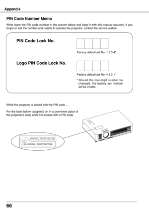 Page 66
66
Appendix
Write  down  the  PIN  code  number  in  the  column  below  and  keep  it  with  this  manual  securely.  If  you forgot or lost the number and unable to operate the projector, contact the service station. 
PIN Code Number Memo
Factory default set No: 1 2 3 4*
*  Should  the  four-digit  number  be changed,  the  factory  set  number will be invalid.
PIN Code Lock No.
Logo PIN Code Lock No.
Factory default set No: 4 3 2 1*
While the projector is locked with the PIN code....
Put the label...