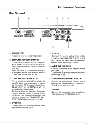 Page 9
9
Part Names and FunctionsPart Names and Functions
Rear Terminal
iu
qwerty
e COMPUTER IN 2 / MONITOR OUT
  T h i s  t e r m i n a l  i s  s w i t c h a b l e  a n d  c a n  b e 
used  for  input  from  a  computer  or  output t h e  i n c o m i n g  R G B  a n a l o g  s i g n a l  f r o m C O M P U T E R   I N 1 / C O M P O N E N T     I N terminal to the other monitor.
  S e t  t h e  t e r m i n a l  u p  a s  e i t h e r  C o m p u t e r 
i n p u t  o r  M o n i t o r  o u t p u t  p r o p e r l y....