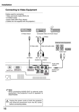 Page 16
Installation
16
Connecting to Video Equipment
Cables used for connection• Video and Audio Cable (RCA x 3) • S-VIDEO Cable  • Audio Cable (Mini Plug: stereo)  ( Cables are not supplied with the projector.)
ONON
✔ Note: •   When  connecting  AUDIO  OUT  to  external  audio e q u i p m e n t ,  t h e  p r o j e c t o r ’ s  b u i l t - i n  s p e a k e r  i s disconnected.
 
Unplug  the  power  cords  of  both  the  projector a n d  e x t e r n a l  e q u i p m e n t  f r o m  t h e  A C  o u t l e t...