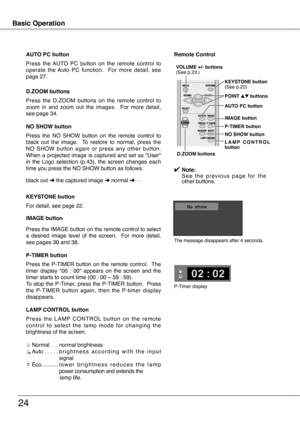 Page 24
Computer Input Basic Operation
4
black out ➜ the captured image ➜ normal ➜ • • • • •
Press  the  NO  SHOW  button  on  the  remote  control  to black  out  the  image.    To  restore  to  normal,  press  the NO  SHOW  button  again  or  press  any  other  button.  When  a  projected  image  is  captured  and  set  as  "User" in  the  Logo  selection  (p.43),  the  screen  changes  each time you press the NO SHOW button as follows.
NO SHOW button
Press  the  AUTO  PC  button  on  the  remote...