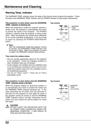 Page 52
52

Maintenance and Cleaning
The WARNING TEMP. indicator shows the state of the function which protects the projector.  Check the state of the WARNING TEMP. indicator and the POWER indicator to take proper maintenance.
Warning Temp. Indicator
T h e  p r o j e c t o r  i s  s h u t  d o w n  a n d  t h e  WA R N I N G TEMP.  indicator is blinking red.
When  the  temperature  inside  the  projector  reaches  a certain  level,  the  projector  is  automatically  shut  down to  protect  the  inside  of  the...