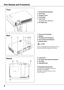 Page 8
qtyerw
8
Part Names and FunctionsPart Names and Functions
Front
Bottom
q Infrared Remote Receiver
w Zoom Ring
e Projection Lens
r Focus Ring
t Lens Cover 
  (See page 53 for attaching.)
y	Air Intake Vent
u Power Cord Connector
i Speaker
o Terminals and Connectors
!0 Top Controls and Indicators
!1 Exhaust Vents
 CAUTION
Hot  air  is  exhausted  from  the  exhaust  vent.  Do not put heat-sensitive objects near this side.
!2 Lamp Cover
!3 Air Intake Vents (back and bottom)
!4 Air Filters 
!5 Adjustable...