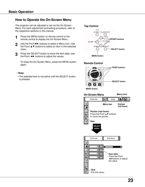 Page 23
3

Basic OperationBasic Operation
How to Operate the On-Screen Menu
The projector can be adjusted or set via the On-Screen 
Menu. For each adjustment and setting procedure, refer to 
the respective sections in this manual.
Use the Point◄► buttons to select a Menu icon. Use 
the Point ▲▼ buttons to select an item in the selected 
menu.
Press the SELECT button to show the item data. Use 
the Point ◄► buttons to adjust the values.
To close the On-Screen Menu, press the MENU button 
again.
Press the...