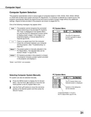 Page 31
31

Computer InputComputer Input
The Auto PC Adjustment 
function operates to adjust 
the projector. 
PC System Menu
The PC System Menu icon 
Selected system is displayed.
Systems in this dialog box 
can be selected.
PC System Menu
Customized Mode (1–5) set in 
the PC Adjust Menu (pp.33–34).
Computer System Selection
This projector automatically tunes to various types of computers based o\
n VGA, SVGA, XGA, SXGA, WXGA, 
or UXGA with its Multi-scan system and Auto PC Adjustment. If a computer is selected...