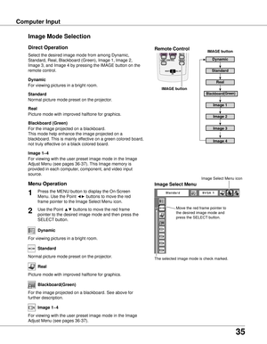 Page 35
35

Computer InputComputer Input
Move the red frame pointer to 
the desired image mode and 
press the SELECT button.
The selected image mode is check marked.
Image Select Menu
Normal picture mode preset on the projector.
Standard
Picture mode with improved halftone for graphics.
Real
For the image projected on a blackboard. See above for 
further description.
Blackboard(Green)
Image Select Menu icon
IMAGE button
Dynamic
Real
Image 1
Image 
Image 3
Image Mode Selection 
Image 
For viewing with...