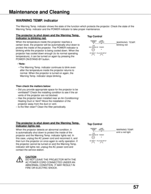 Page 57
57

Setting
The Warning Temp. indicator shows the state of the function which protects the projec\
tor. Check the state of the 
Warning Temp. indicator and the POWER indicator to take proper maintenance. 
wARNING TEMP  . indicator
The projector is shut down and the w arning Temp . 
indicator is blinking red .
When the temperature inside the projector reaches a 
certain level, the projector will be automatically shut down to 
protect the inside of the projector. The POWER indicator is 
blinking while the...